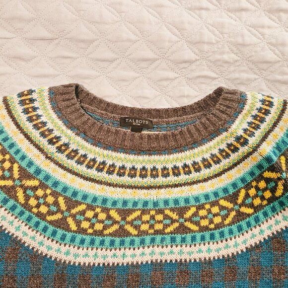 Talbots Womens Fair Isle Wool Blend 3/4 Sleeves Crew Sweater Medium Petite Blue - Picture 5 of 8